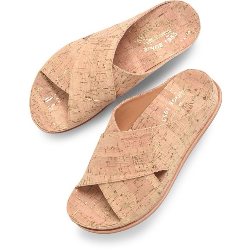Kork-Ease Blush Cork Slide Sandals with Gold Fleck Accents